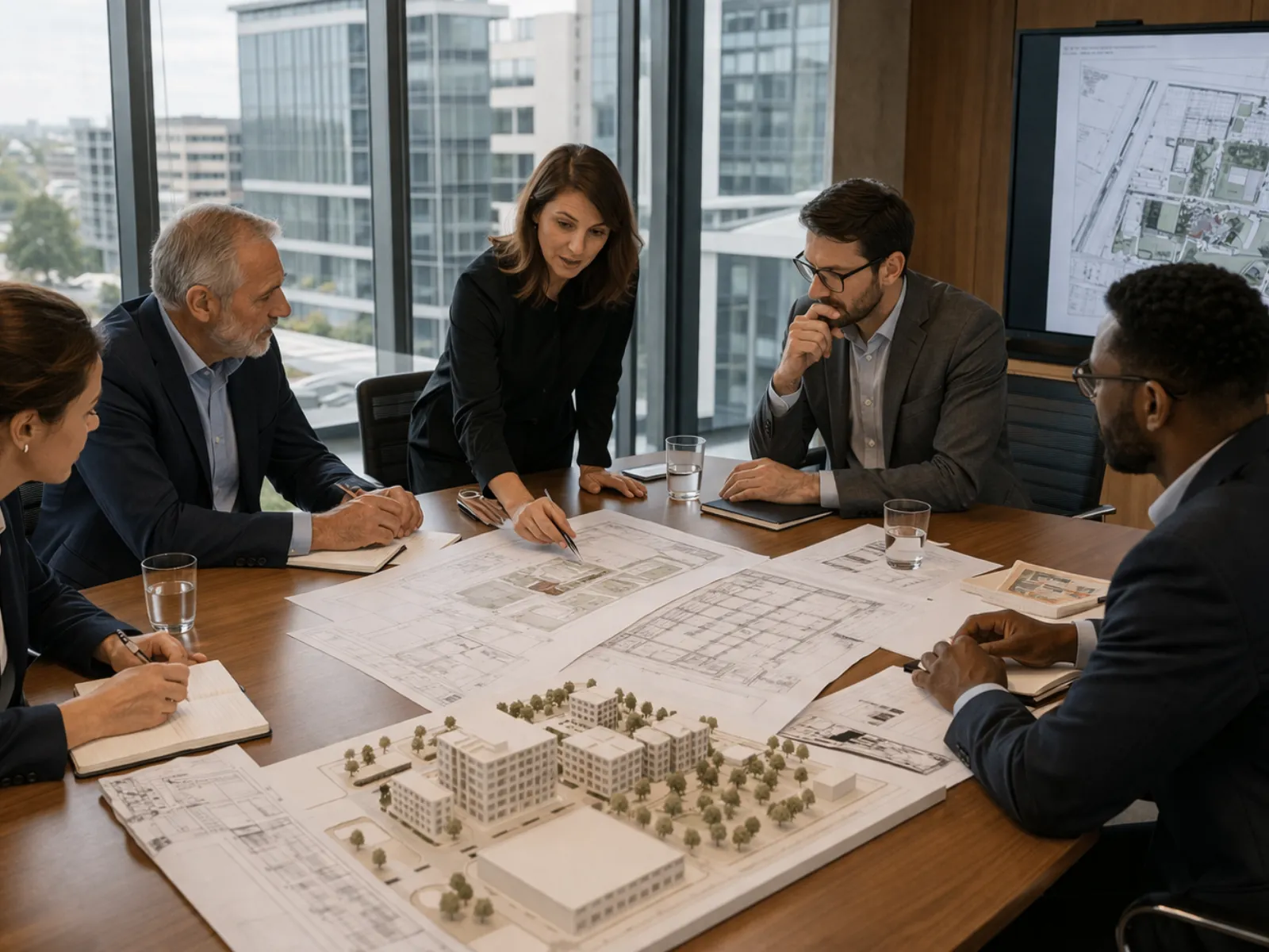 Project team gathered around a development model during a strategy session