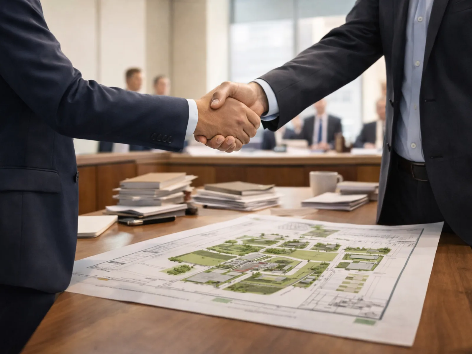 Two professionals shaking hands across a project plan during a client meeting