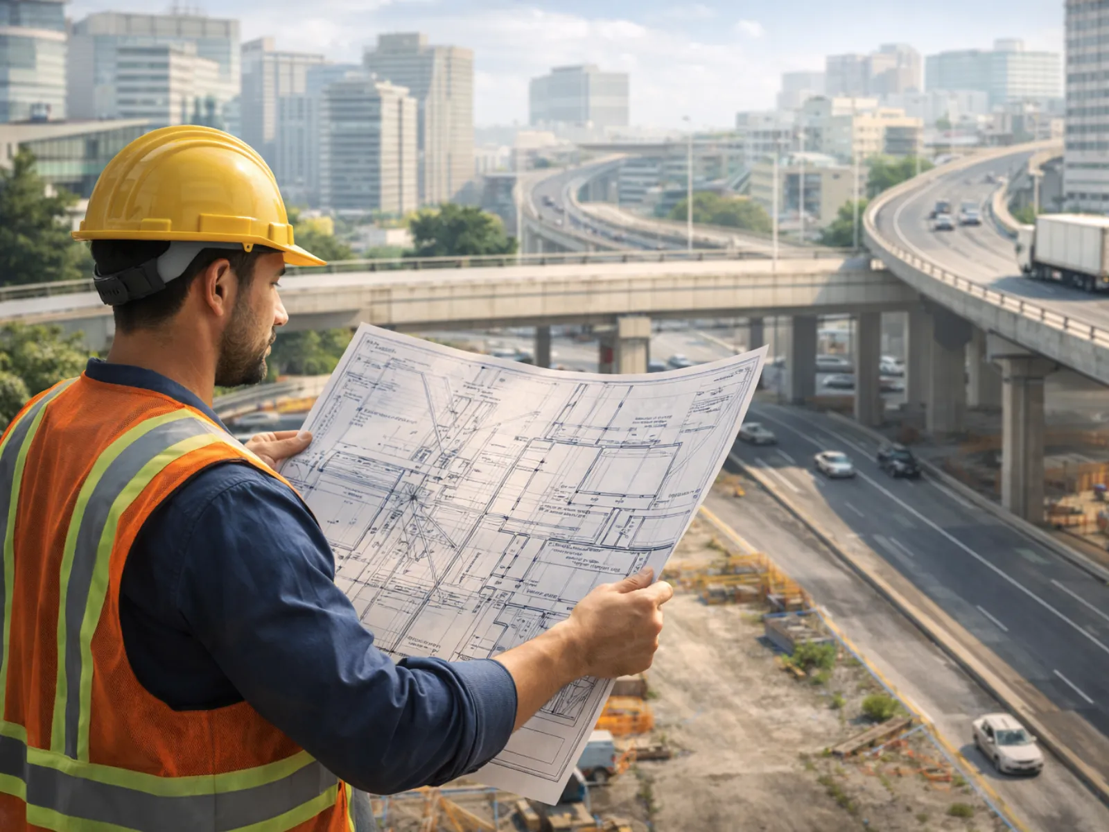 Infrastructure advisor reviewing a construction drawing over an urban roadway network